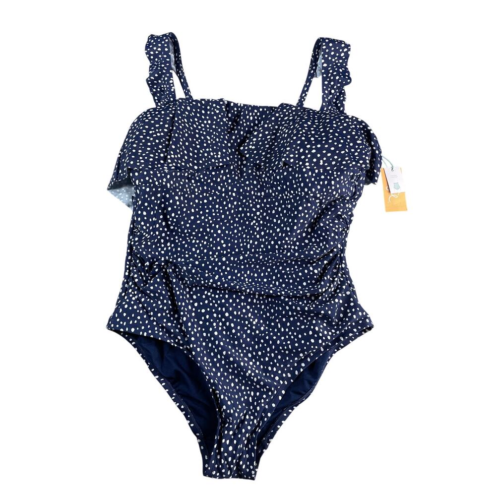 Kona Sol One Piece Swimsuit Women 17 Blue Polka Dot Padded Ruffle Adj Straps NWT